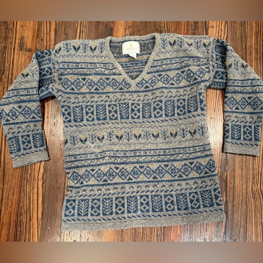 Express Tricot Vtg 90s RARE Womens Wool Blend Bohemian VNeck Tribal Sweater Sz S